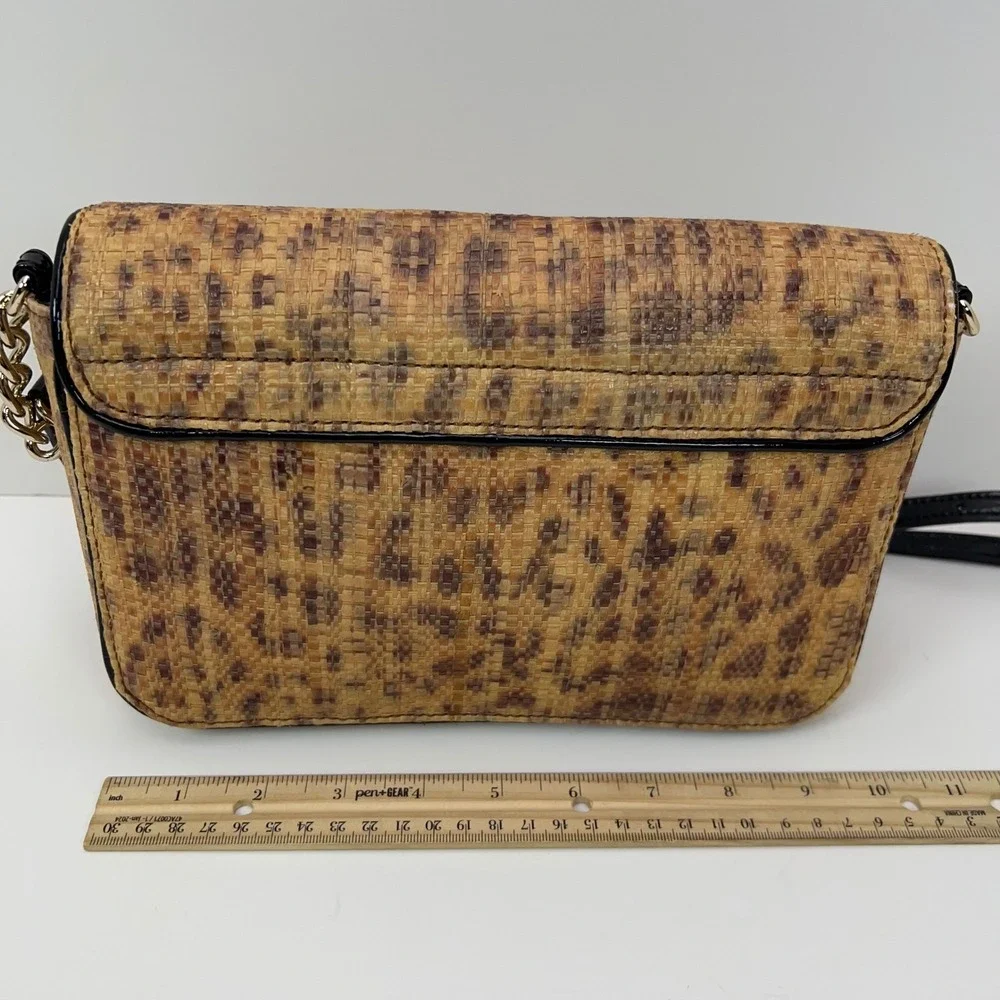 Kate Spade Woven Straw Crossbody Bag Gold Turn Lock Leopard Print Satchel Medium